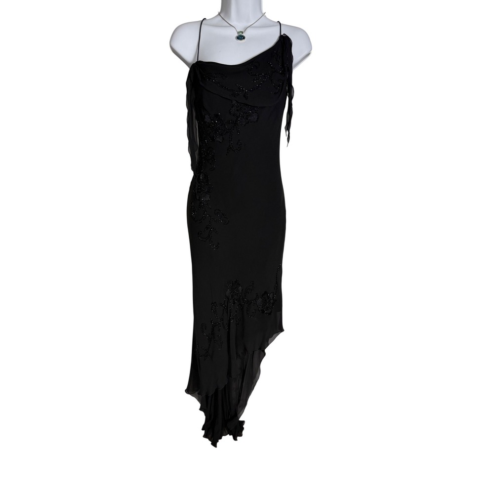 Vintage 90s Cache Black Silk Beaded Asymmetrical Evening Dress Y2K Formal Gown
